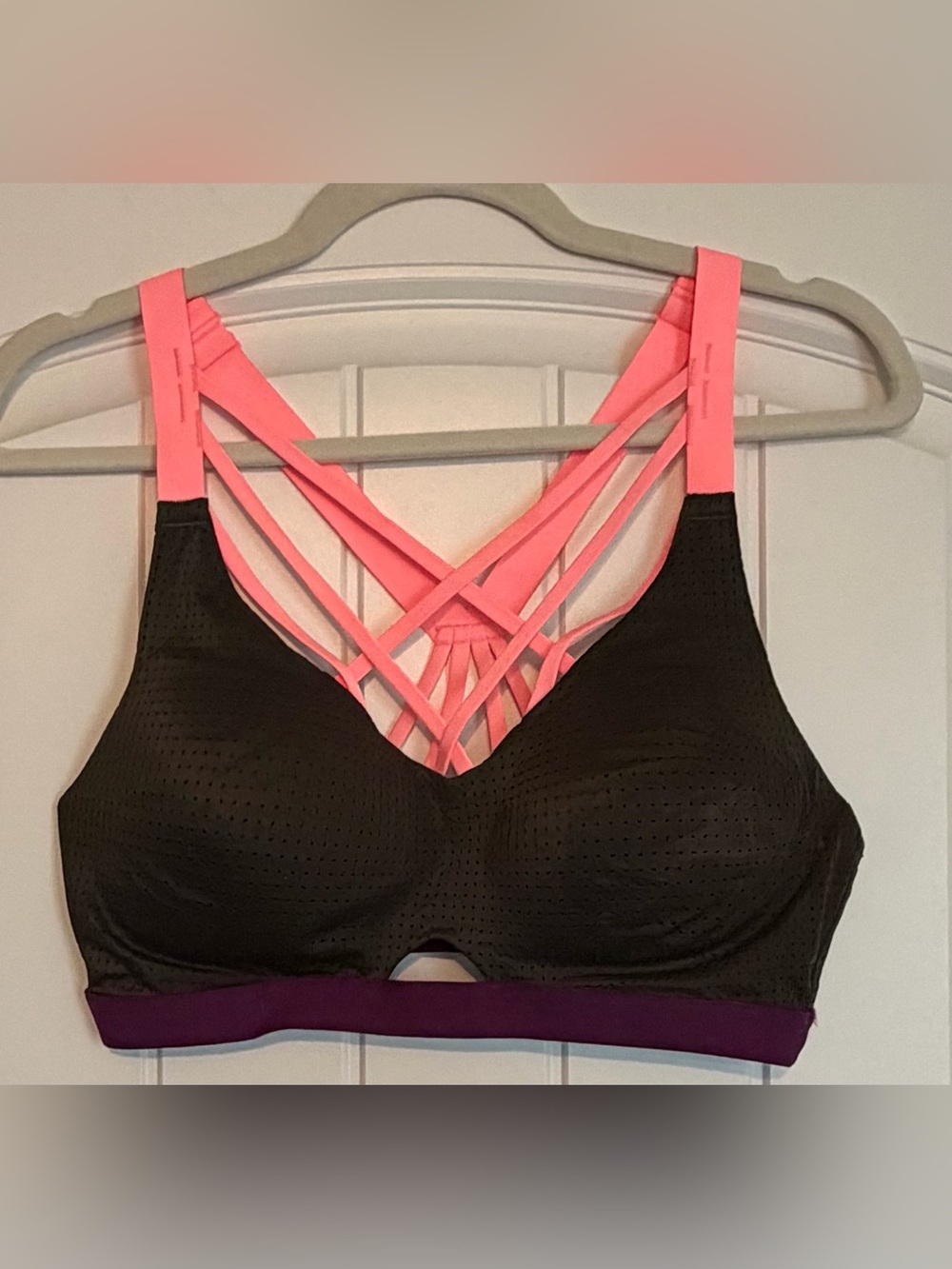 Victoria's Secret Olive Sports Bra with Pink Strappy Back and Purple Banded Hem